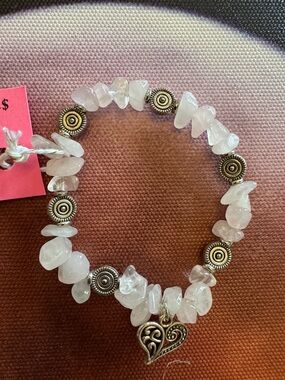 Rose Quartz Chip Bracelet with Heart Charm - Pink